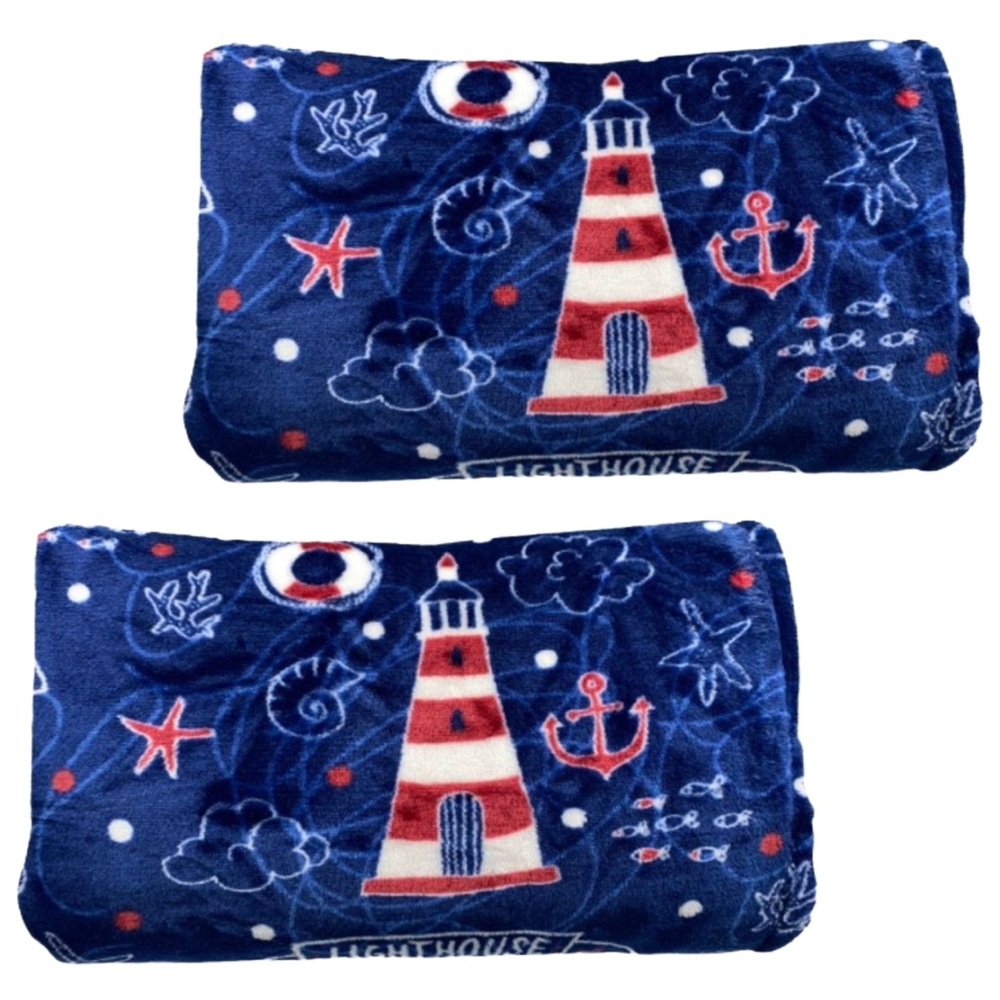 Noble House Set of 2 Lighthouse Print Micro-plush Throw Blankets
